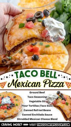 the menu for taco bell mexican pizza is shown in front of a plate with quesadilla on it