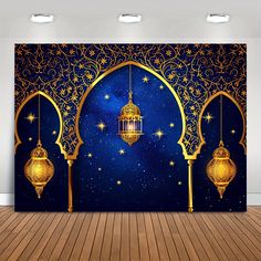 an image of a room with a blue background and gold lanterns hanging from the ceiling