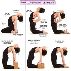 a woman doing yoga poses with instructions on how to prepare for utstrasana