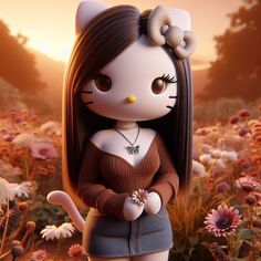 a cat doll is standing in a field of flowers with her hands on her hips