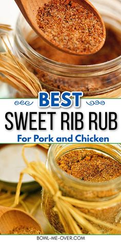 Small glass jar with dry seasoning rub with spoon with Pinterest overlay. Sweet And Spicy Dry Rub For Pork Ribs, Best Rib Dry Rub Recipe, Sweet Rub For Pork, Wet Rub For Ribs Recipe, Sweet Dry Rub For Pork Ribs, Sweet Bbq Rub, Sweet Rub For Ribs, Sweet And Smokey Dry Rub, Pork Rib Dry Rub Recipe Oven