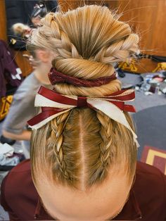 Gymnastics, meet, hair, braids, style, Emily Koch, bow, maroon, gold, glitter, competition, d1, vault, bun, messy, slick, clean, hairspray, confident, dance, bars, beam, floor, all around, dutch braid, French braid, easy Gymnast Hair, Gymnastics Meet Hair, Gymnastics Hairstyles, Messy High Bun, Gymnastics Meet, Gym Hair, Bun Messy, Gym Hairstyles