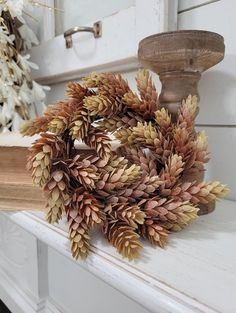 a bunch of pine cones sitting on top of a white mantle