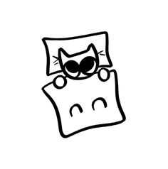 a black and white drawing of a cat sleeping on a pillow with its eyes closed