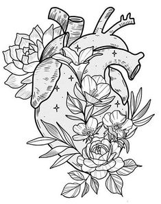 a heart with flowers and stars in the center on a white background, black and white drawing