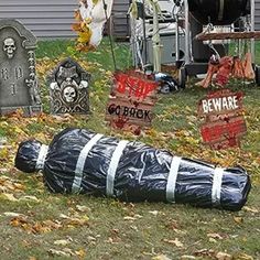 a bunch of halloween decorations on the ground