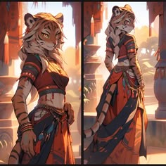 two pictures of a woman in an orange dress with a tiger on her shoulder and another image of a cat behind her