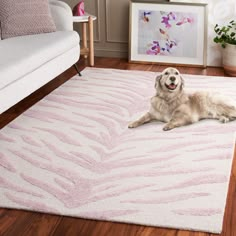 a dog laying on top of a rug in a living room