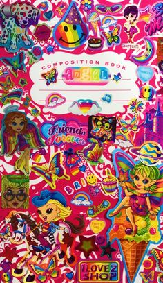 a large collection of stickers on the back of a pink book with lots of different pictures