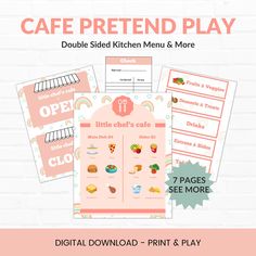 a pink menu with the words cafe pretend play on it and an image of a cupcake