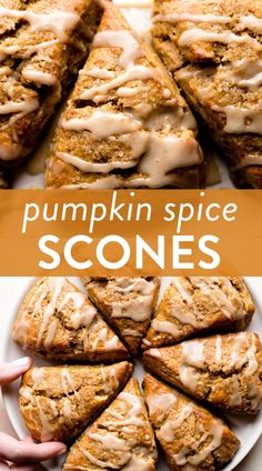 pumpkin spice scones on a plate with cinnamon glaze