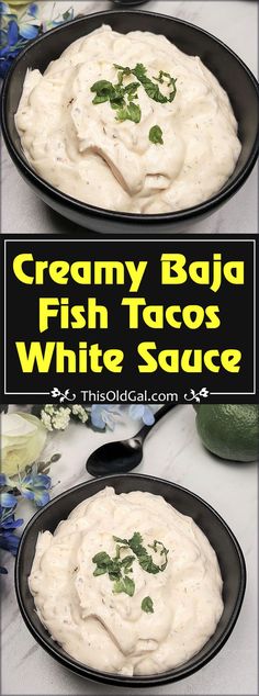 creamy baga fish tacos with white sauce in a skillet on a table