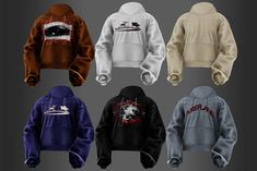 four different colored sweatshirts with the same design on them, all in various colors