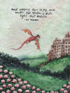 a painting with pink flowers and a dragon flying over the top of a hill next to a castle