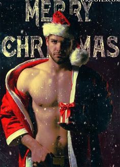 a shirtless man wearing a santa hat and holding a knife in his right hand