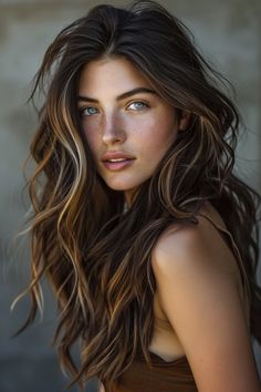 Highlights For Dark Brown Hair Wavy, Caramel Brown Hair Honey, Long Wavy Brown Hair Natural, Long Brown Wavy Hairstyles, Underneath Highlights, Wavy Dark Brown Hair, Best Hair Color For Green Eyes, Dark Hair Green Eyes, Dark Hair With Caramel Highlights