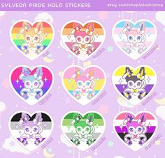 six heart shaped stickers with cartoon animals on them, all in different colors and sizes