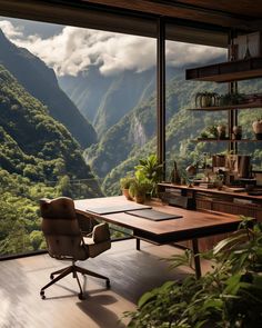 an office with a view of the mountains