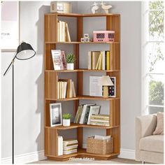 a bookshelf in the corner of a living room