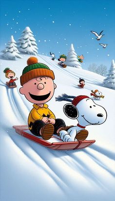 a cartoon character riding on top of a snow covered ground next to a snoopy dog