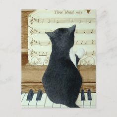 a painting of a cat sitting on top of a piano keyboard looking at music notes