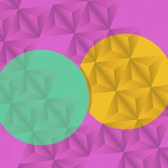 two circles on a pink background with green and yellow shapes in the middle, one circle is smaller than the other