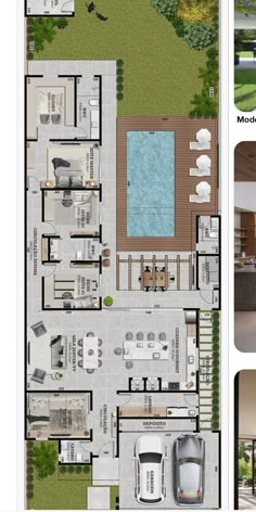 the floor plan for a modern house with pool and outdoor living area in the background