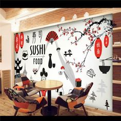 Customized Wallpapers, Japanese Restaurant Interior, Restaurant Wall Decor, Japanese Restaurant Design, Grey Kitchen Designs, Sushi Art, Large Mural, Mural Wall, Sushi Restaurants