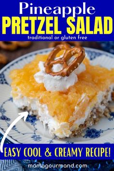 a slice of pineapple pretzel salad on a blue plate Pretzels Sweet, Pineapple Ideas, Pineapple Pretzel Salad, Pineapple Topping, Fluff Salads, Fruits Recipes, Side Dishes For Ham