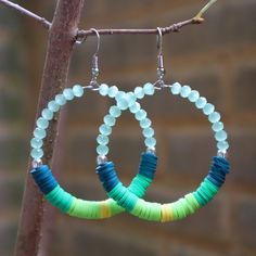 two hoops with beads are hanging from a tree branch