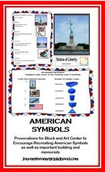 an american symbols booklet with pictures and information about the statue of liberty in red, white, and blue