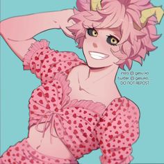 an anime character with pink hair and polka dots