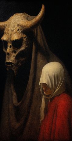 a painting of a woman standing next to a demon with her head covered by a veil