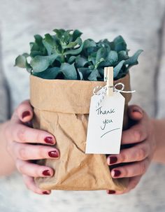 a woman holding a brown paper bag with succulents and a thank you tag