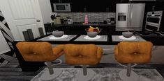 three chairs sitting in front of a kitchen counter