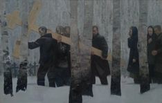 a painting of people in the woods holding crosses