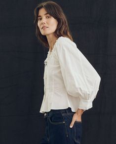 The Haven Top. -- True White – The Great. Billowy White Shirt, Elegant Vintage White Cotton Tops, Fitted Vintage White Cotton Top, Vintage White Puff Sleeve Tops, Victorian Style White Cotton Top, White Cotton Cottagecore Blouse, Emily And Meritt, Feminine Top, Shirt Cuff