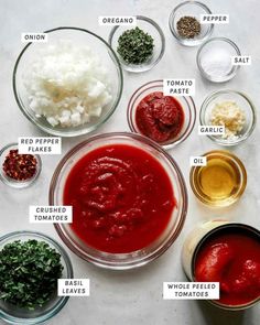 the ingredients for this recipe are shown in bowls and labeled with their names on them