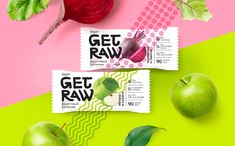 two packets of get raw apple and radishes on a pink, green and yellow background