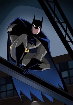 the animated batman is standing on top of a building