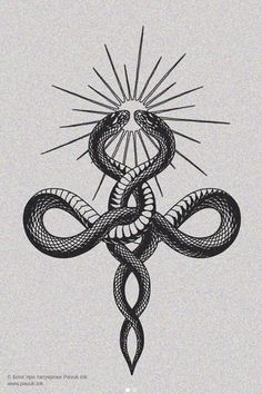 a cross with snakes on it and the sun shining over it, in black ink