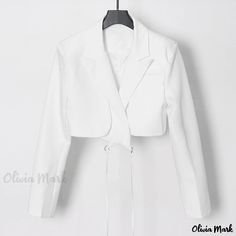 OliviaMark - Verführerische, langärmelige, taillenbetonte Jacke mit stilvollem Krawattenmuster im Nacken White Short Jacket, Long Sleeve Outerwear, Tie Design, Belt Design, High Neck Long Sleeve, Strap Design, White Short, Short Jacket, Olivia Mark