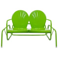 two green chairs sitting next to each other on top of a metal frame with wheels