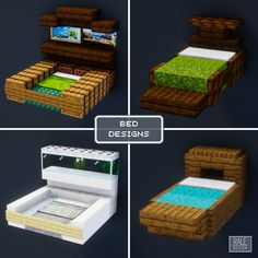 four different views of a bed made out of lego blocks and wood planks, each with a built - in tv