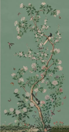 a painting of birds on a tree with white flowers and green grass in the background