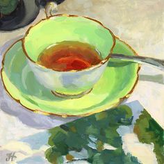 a painting of a green tea cup and saucer