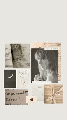 a collage of photos with words and pictures on them that include books, letters, and an envelope