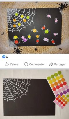 an image of halloween decorations made out of paper and colored dots on the bottom, with spider