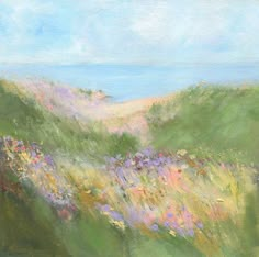 an oil painting of wildflowers on a hillside