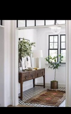 an entryway with a table, potted plant and rug on the floor in front of it